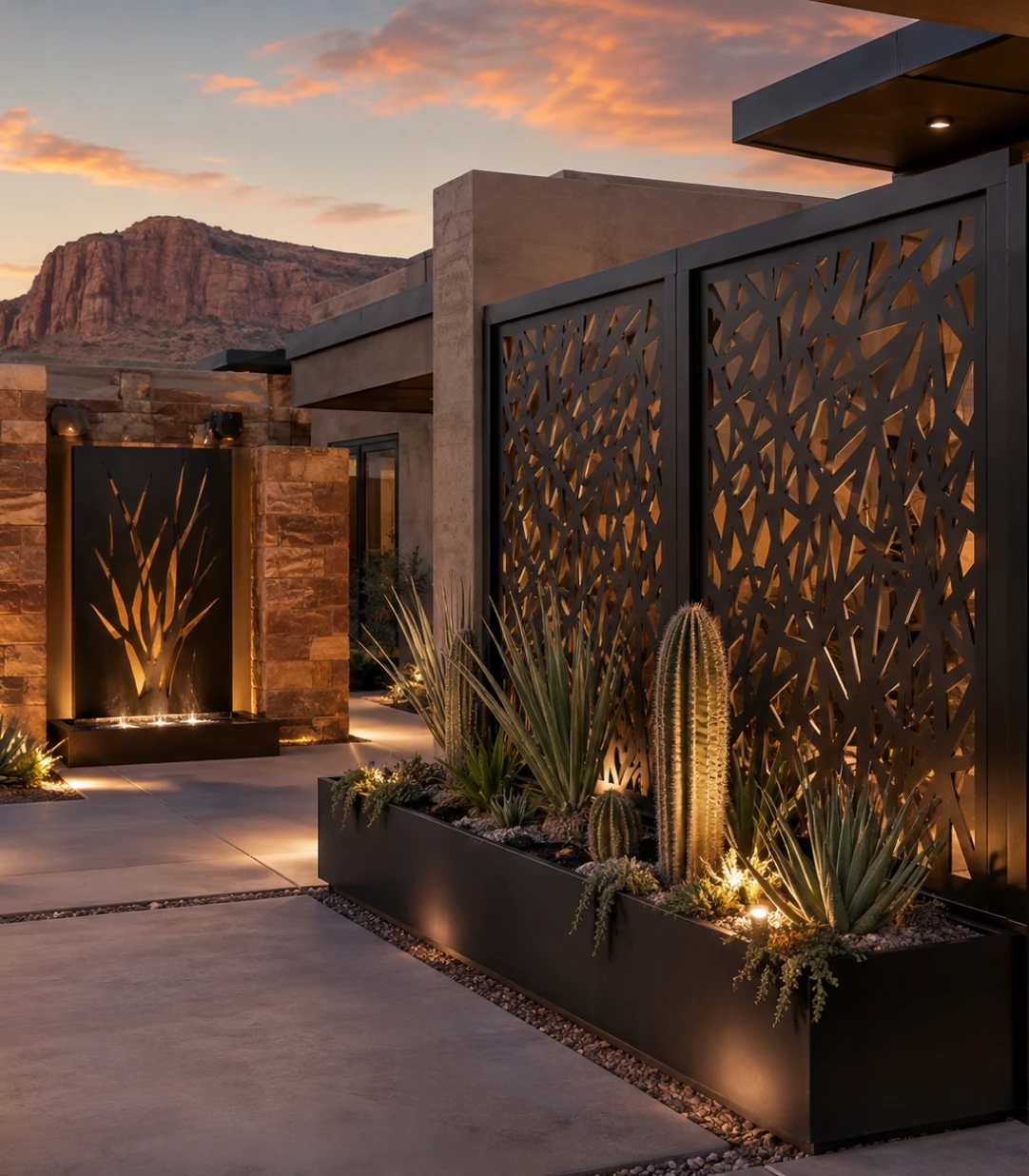 BeSpoke Divide Planter with decorative metal screening and planting space, shown in an outdoor design visualization