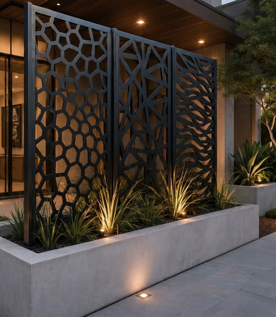 Decorative BeSpoke Divide Screens with geometric metal patterns, shown in an outdoor design visualization