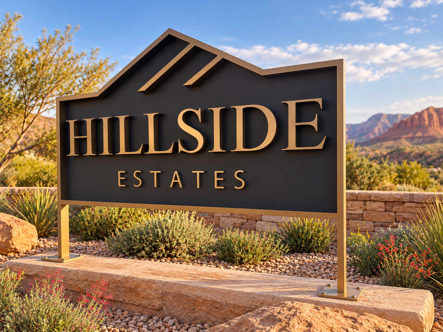 Hillside Estates sign by FX Industries in an AI-created Southern Utah landscape setting